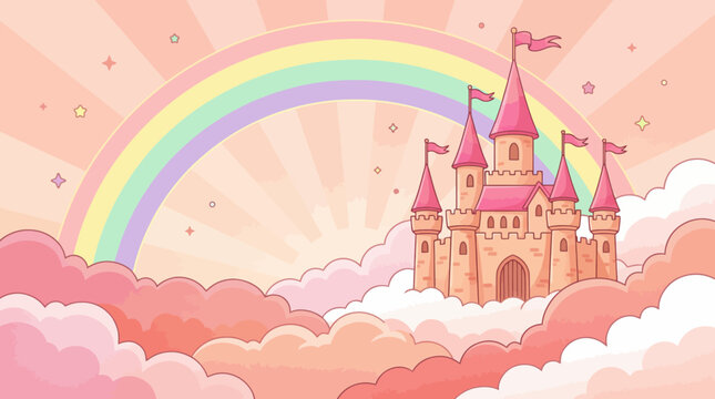 Pastel floating castle among pink clouds with rainbow and sunburst, a magical fairy tale illustration for kids