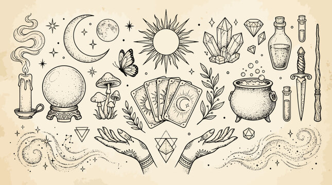 Vintage mystical illustration featuring moon, sun, crystals, potions, wand, and cauldron in a celestial alchemy and witchcraft theme