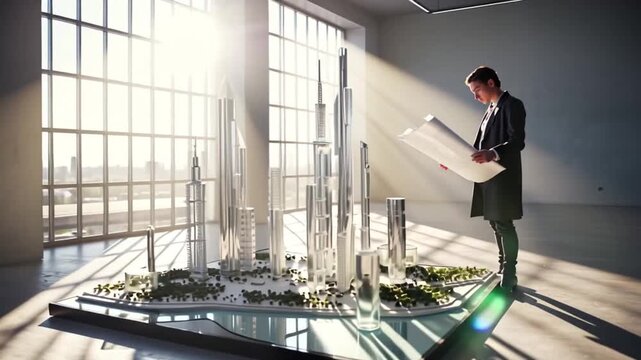 Businessman Examining City Model in Office.