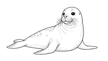Realistic seal lying down and looking upwards with big eyes is presented in a clean black and white line art vector illustration. © Abul
