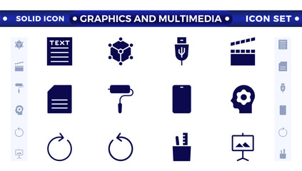 Graphics and Multimedia solid icon set. Cinema icon set. Set of cinema, movie, video icons, collection film, TV. Popcorn box package, Big movie reel. Graphic design, creative package, stationery, soft