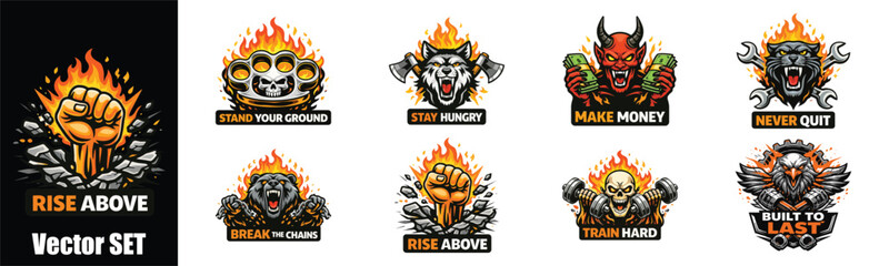 Motivational mascot badge vector set featuring fierce animals, skulls, and power symbols with bold flames. Retro emblem style graphics ideal for gym apparel, streetwear, stickers, patches, and strong 