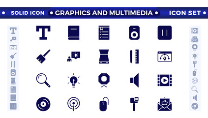 Graphics and Multimedia solid icon set. Cinema icon set. Set of cinema, movie, video icons, collection film, TV. Popcorn box package, Big movie reel. Graphic design, creative package, stationery, soft