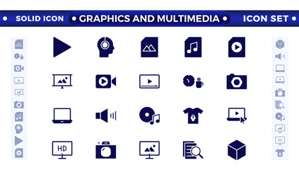 Graphics and Multimedia solid icon set. Cinema icon set. Set of cinema, movie, video icons, collection film, TV. Popcorn box package, Big movie reel. Graphic design, creative package, stationery, soft