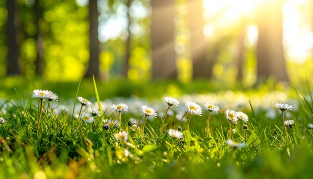 Daisies blooming in green meadow beneath dappled sun rays in a wooded glade with blurred background