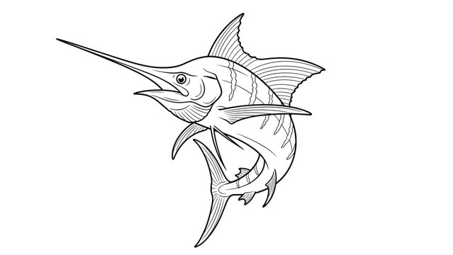 Detailed line art drawing of a majestic marlin fish leaping out of the water, showing its sharp bill and large dorsal fin.