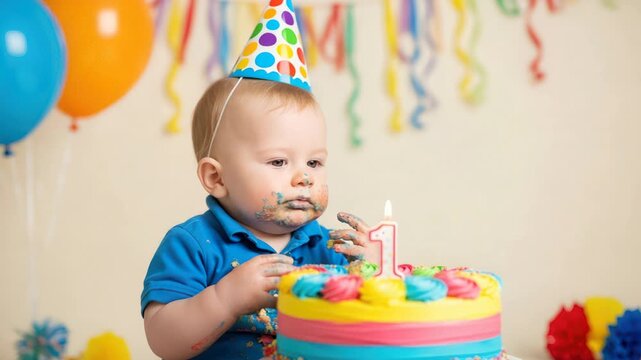 Baby Boy's First Birthday Smash Cake Celebration with Party Hat and Balloons