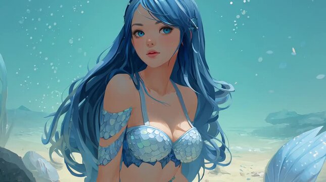 Animated Busty Anime Mermaid Woman Smiling Underwater in Blue Ocean Fantasy Scene
