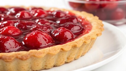 A delicious homemade cherry pie with a fresh red berry jam filling sits on a white plate alongside a sweet cream cake, creating a tasty baked pastry dessert perfect for a snack or breakfast meal