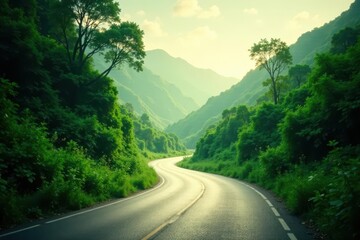 Asphalt ribbon winding through a verdant valley, bathed in the soft glow of morning light, a scenic journey unfolds