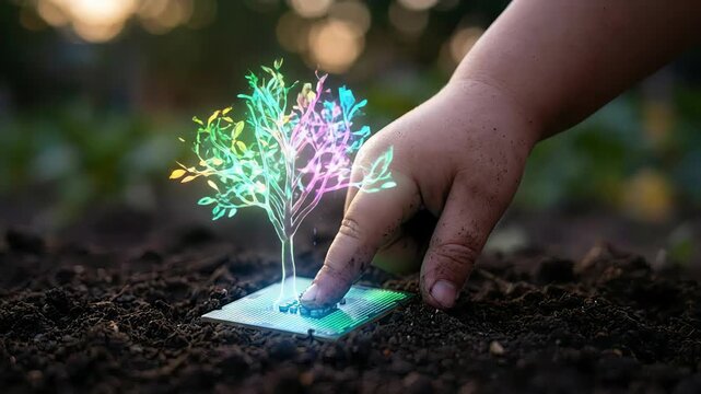Surreal child hand planting microchip growing into holographic tree for 2030 legacy