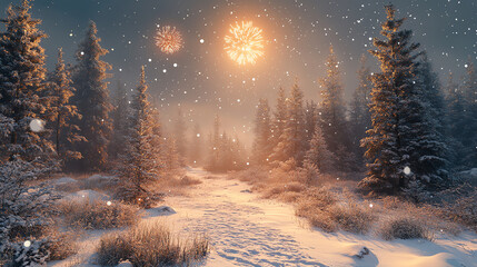 Fototapeta premium Snowy Forest Night Fireworks Scene