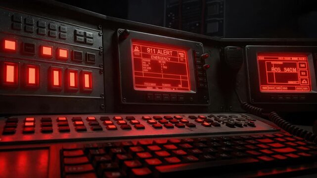 Emergency dispatch console with red glowing screens and buttons, 911 alert active
