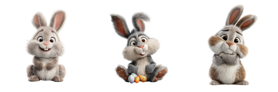 Set of Fierce-looking rabbit mascot with clenched fists and intense eyes, professional mascot costume, high detail fur texture on transparent png background. Ai generated