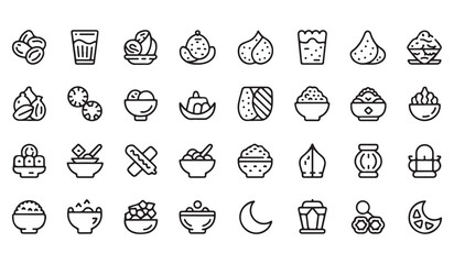 Ramadan food line icons set including traditional middle eastern snacks dates and drinks for iftar dinner