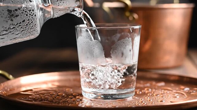 Clear cold water being poured from a glass pitcher into a refreshing glass on a copper tray