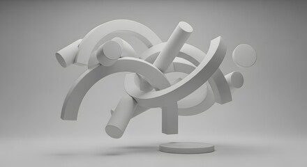 Abstract White Geometric Sculpture with Arches and Cylinders Floating on Gray Background