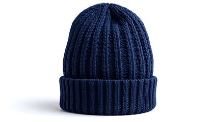 Deep blue knit beanie hat isolated on white background; the ribbed pattern is visible and distinct