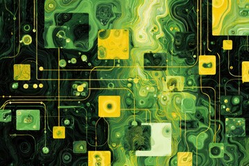 Fototapeta premium Abstract, vibrant art. Green, yellow squares are connected with gold lines, on a flowing background
