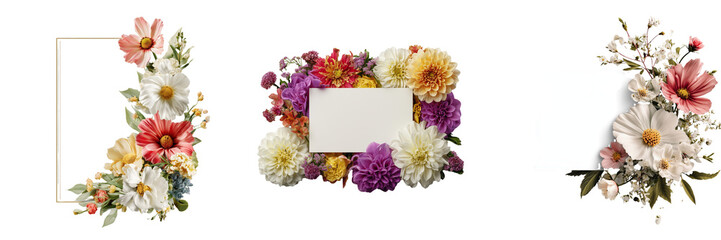 Obraz premium Set of Geometric diamond-shaped flower frame, elegant roses and greenery on transparent png background. Ai generated