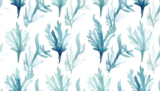 Delicate, blue-green algae watercolor pattern on a white background, depicting soft, flowing aquatic vegetation
