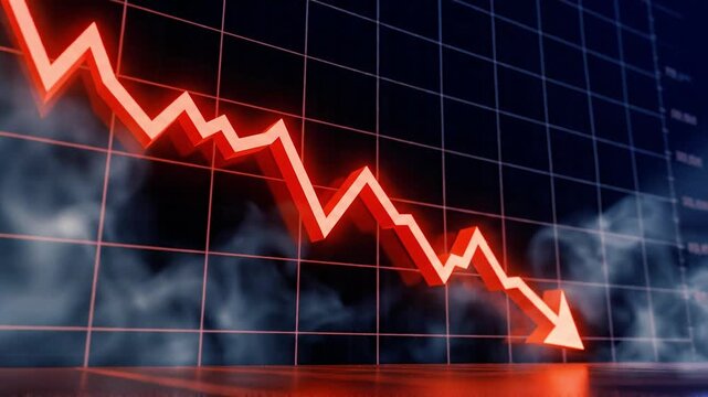 Red 3D Decreasing Line Graph with Arrow on Dark Grid Background