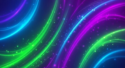 Obraz premium Vibrant neon light trails on dark background with glowing particles