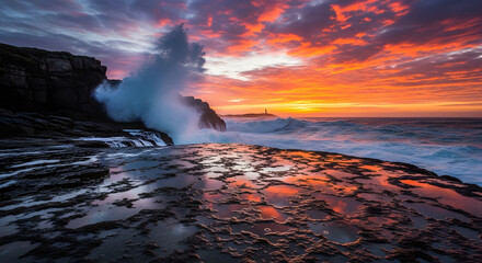 Fototapeta premium Dramatic Ocean Wave Crashing Against Rocky Coastline at Sunset