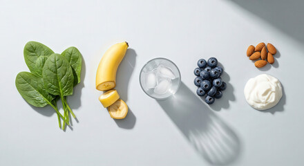 Fresh smoothie ingredients on bright surface, wellness concept