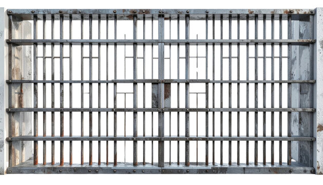 Close-up of a weathered, metal jail cell door. The bars are rusted in some areas, highlighting age and wear against a light background