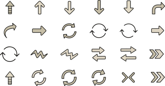Collection of universal arrow icons with various styles including straight, curved, directional, and refresh symbols.