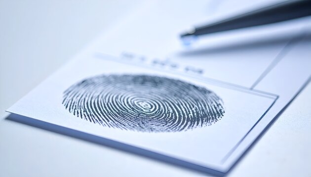 Detailed fingerprint impression on paper, with a pen hovering above, close-up shot, bright, forensic theme
