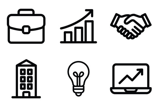 Business icon set of briefcase, bar chart growth, handshake deal, office building, lightbulb idea, laptop with graph