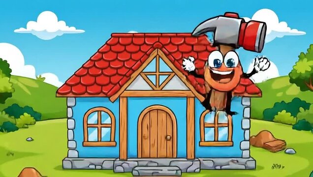 Cartoon Hammer Character Repairing a House Roof Animation.