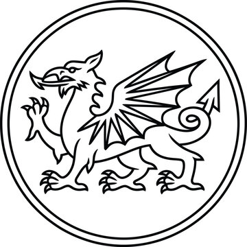 Welsh dragon circular emblem mascot line art illustration