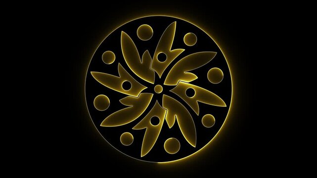 Glowing mandala. Golden geometric. Neon pinwheel. Luxury motion. Spiritual art. Symmetrical design. Elegant graphics. Radiant petals. Golden circle. Modern ornament.
