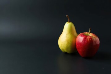 A single ripe pear and apple rest together on a dark surface