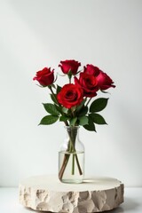 A Simple Bouquet of Crimson Roses in a Clear Glass Vase on a Textured Pedestal