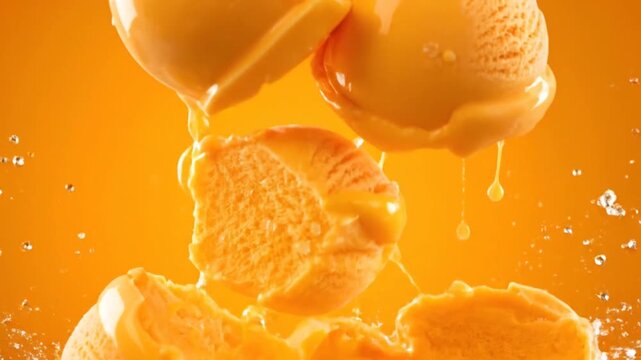Vibrant tropical mango sorbet tumbling in bright orange studio lighting.