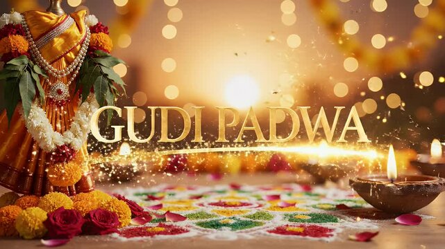gudi padwa modern festive typography clean serif font underline draw animation