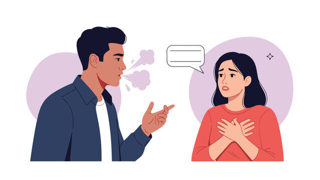 Man speaking with visible breath or bad odor while a woman looks uncomfortable and covers her chest in a social setting.