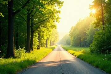 Sunlit Pathway Through Verdant Trees, Leading to a Serene and Peaceful Destination