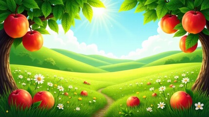 Sunlit Orchard Path Across Rolling Meadows with Blooming Daisies and Ripe Fruit