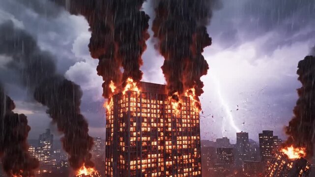 Burning Skyscraper in Stormy Weather Conditions.