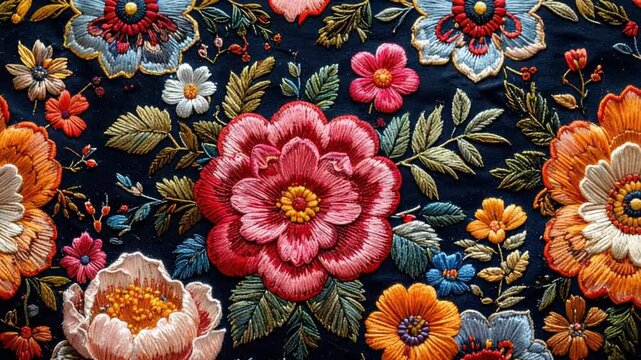 Vibrant Floral Pattern on Dark Background.