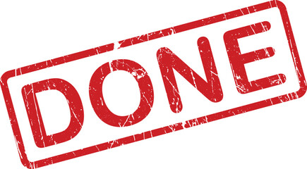 This image shows a bold red grunge textured stamp prominently displaying the word DONE on a white surface