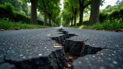 A Deep Crack in a Park Path Divides a Serene Tree-Lined Avenue