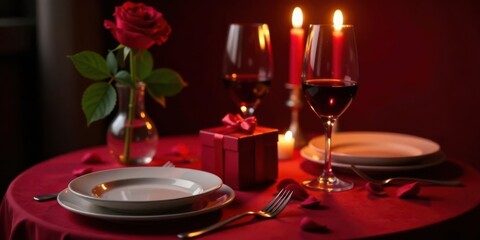 Romantic Dinner Setting with Candlelight, Wine, and a Gift