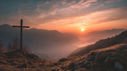 Good Friday landscape background, cross on a distant hill under a dramatic cloudy sky, soft sunrise glow breaking through clouds.