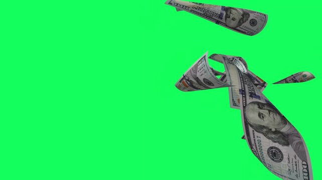 Money falling dollar banknotes on a green transparent background with alpha channel. Seamless looping footage representing finance, wealth, profit and money flow for business and marketing visuals